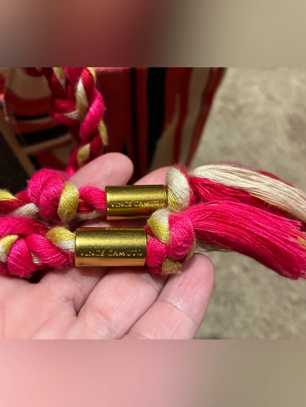 Vince Camuto Orla Cotton Canvas Stripe Large Tassel Tote Bag Pink Multi - Picture 4 of 16